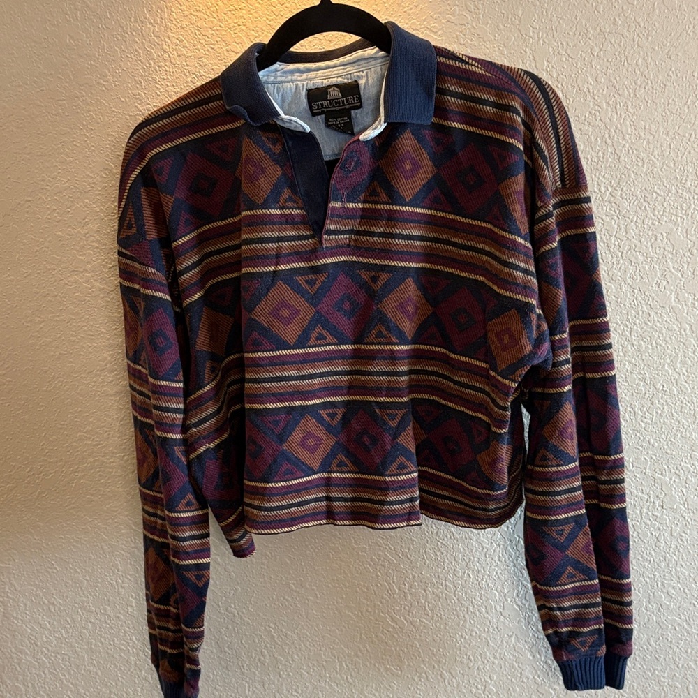 Striped Geometric Patterned Polo Top